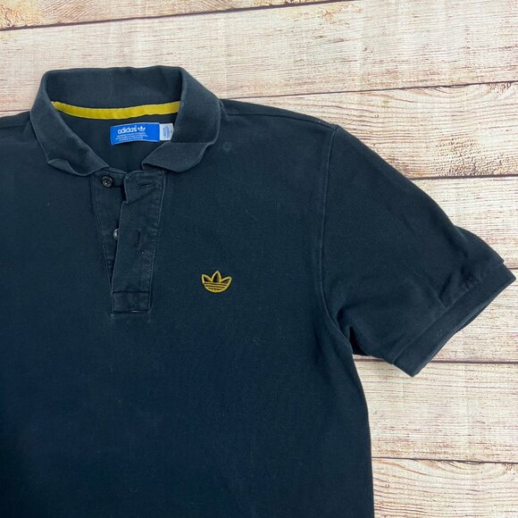 Adidas Originals Mens Small Navy Blue Polo Shirt Gold Trefoil Logo Yellow Trim - Picture 7 of 9